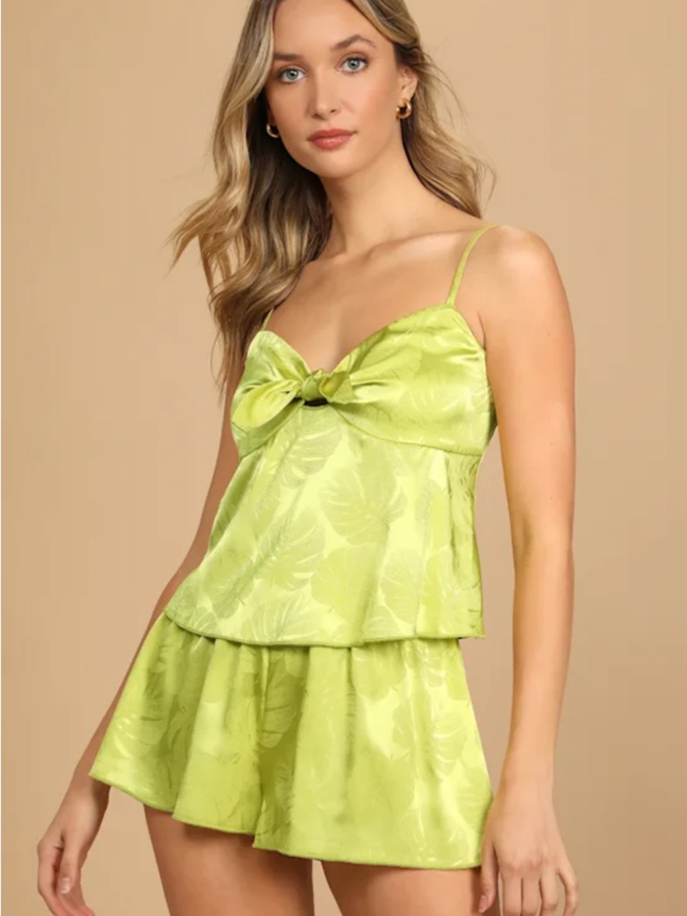 Vacation State of Mind Green Satin Jacquard Two-Piece Pajama Set